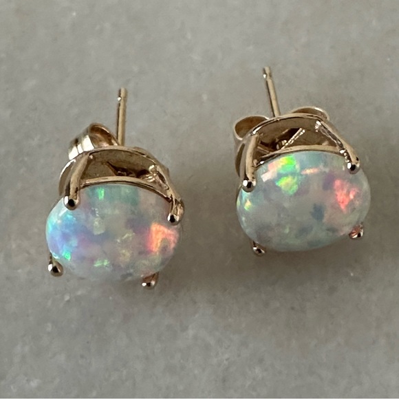 14k Solid Gold Opal Cabochon Post Earrings - Picture 6 of 16